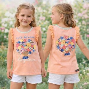 Matilda Jane Peach Floral Ruffle Tank Top with Colorful Bouquet